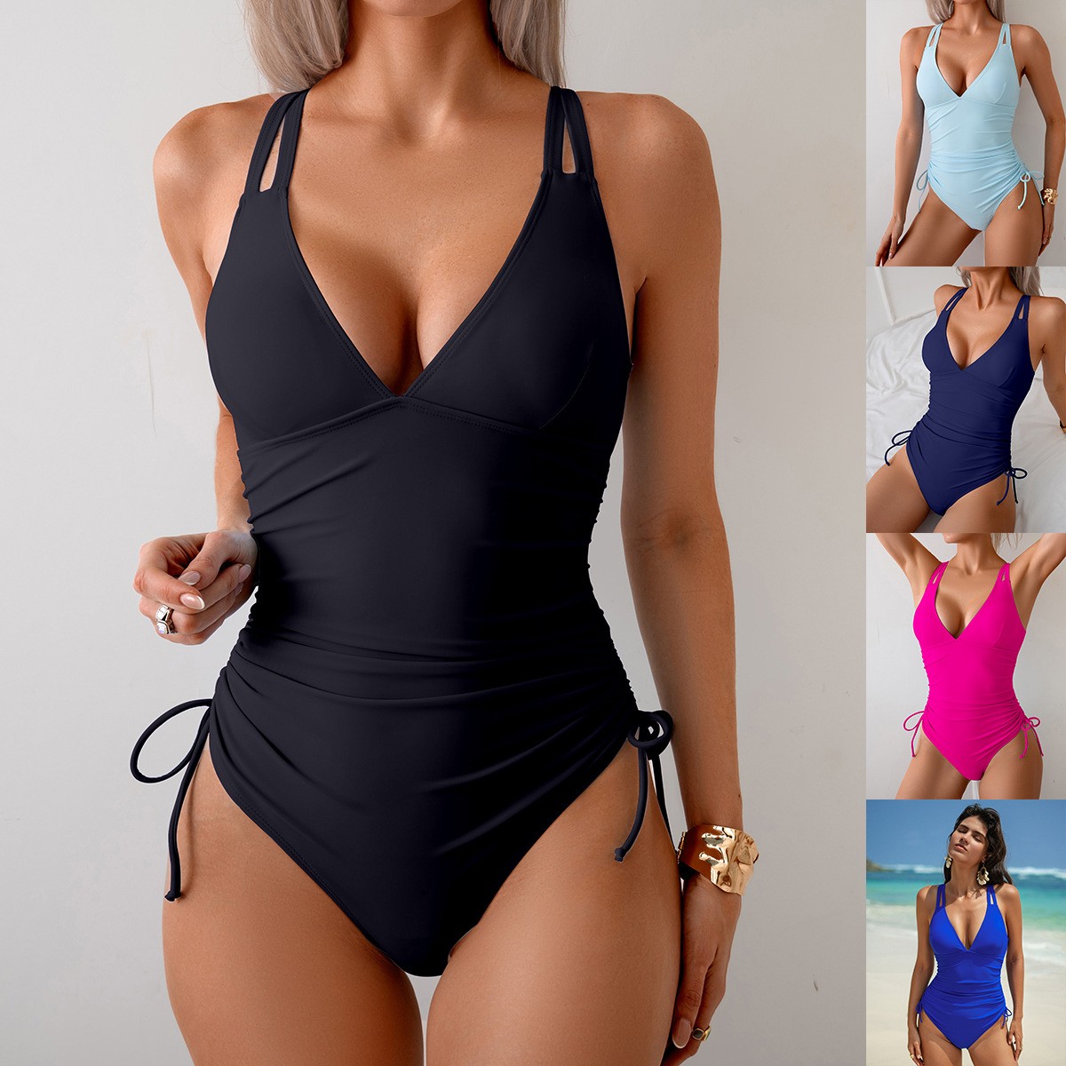 Swimsuit One Piece - Maiô Preto Sólido com Decote em